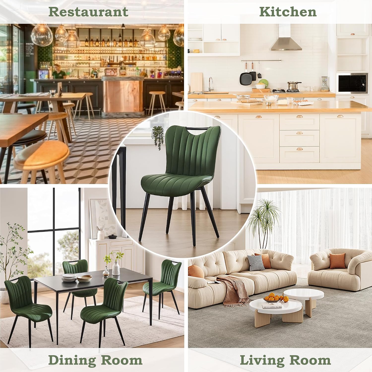 Leather Upholstered Dining Chairs Set of 2, Mid-Century Modern Kitchen Dining Room Chairs with Black Metal Legs, Armless Faux Leather Accent Dinner Chairs Kitchen Side Chairs, Green