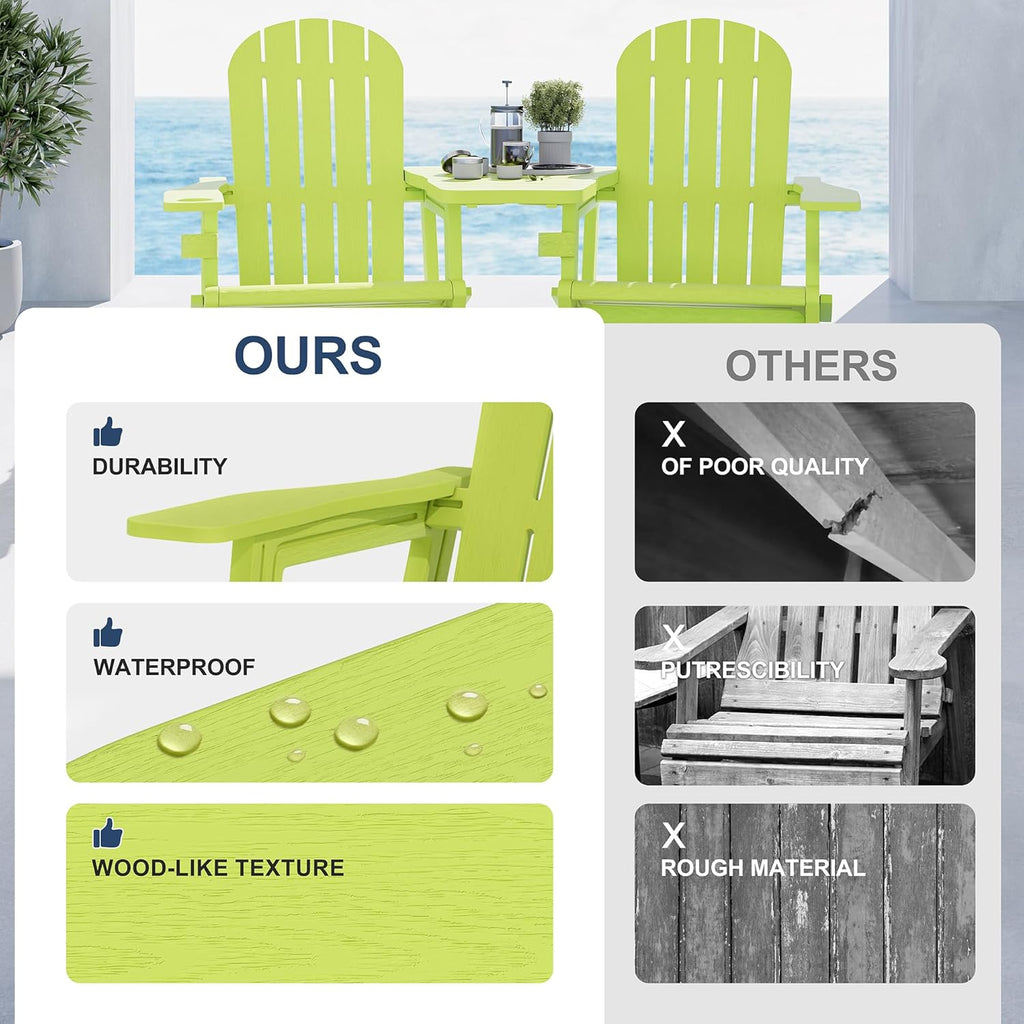 Vongrasig Adirondack Chairs Set of 2 with Removable Tabletop, Outdoor HDPE Plastic Fire Pit Chair Set with Wooden Textured, Cup Holder for Patio, Poolside, Deck, Garden, Green, 3 Pieces
