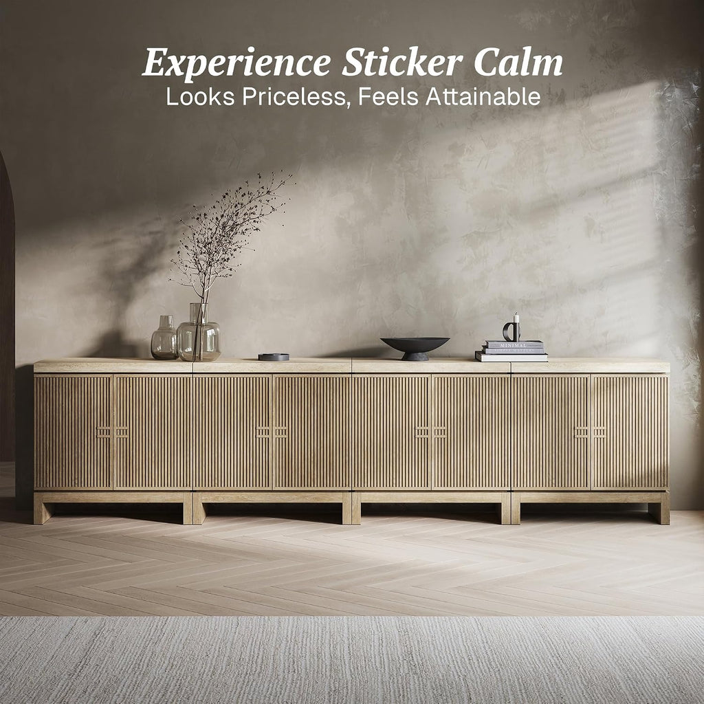 BELLEZE Set of 4 Anton Sideboard Buffet Cabinet - Travertine Greige | Fluted Reeded Door,Travertine-Look Top,Adjustable Shlef,Living Room Dining Room Entryway