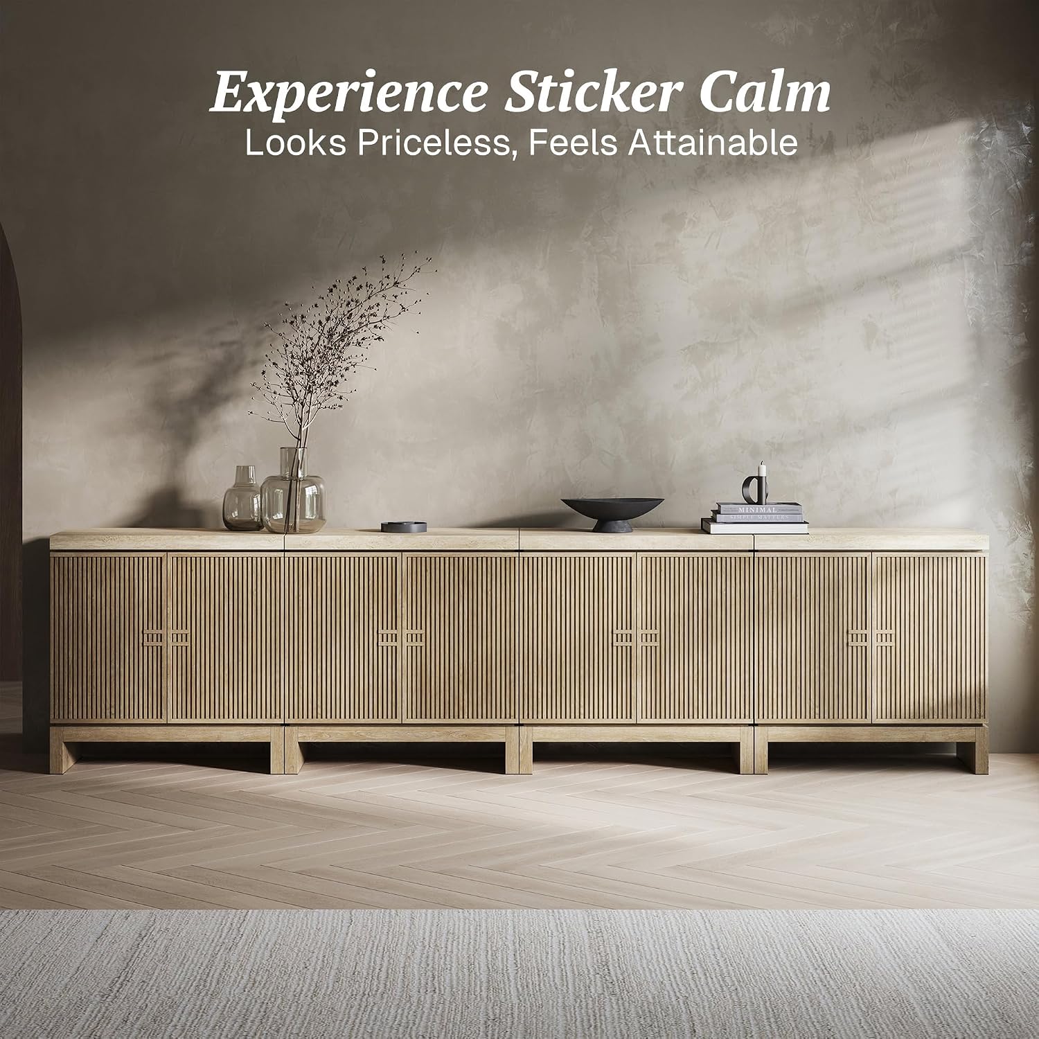 BELLEZE Set of 4 Anton Sideboard Buffet Cabinet - Travertine Greige | Fluted Reeded Door,Travertine-Look Top,Adjustable Shlef,Living Room Dining Room Entryway