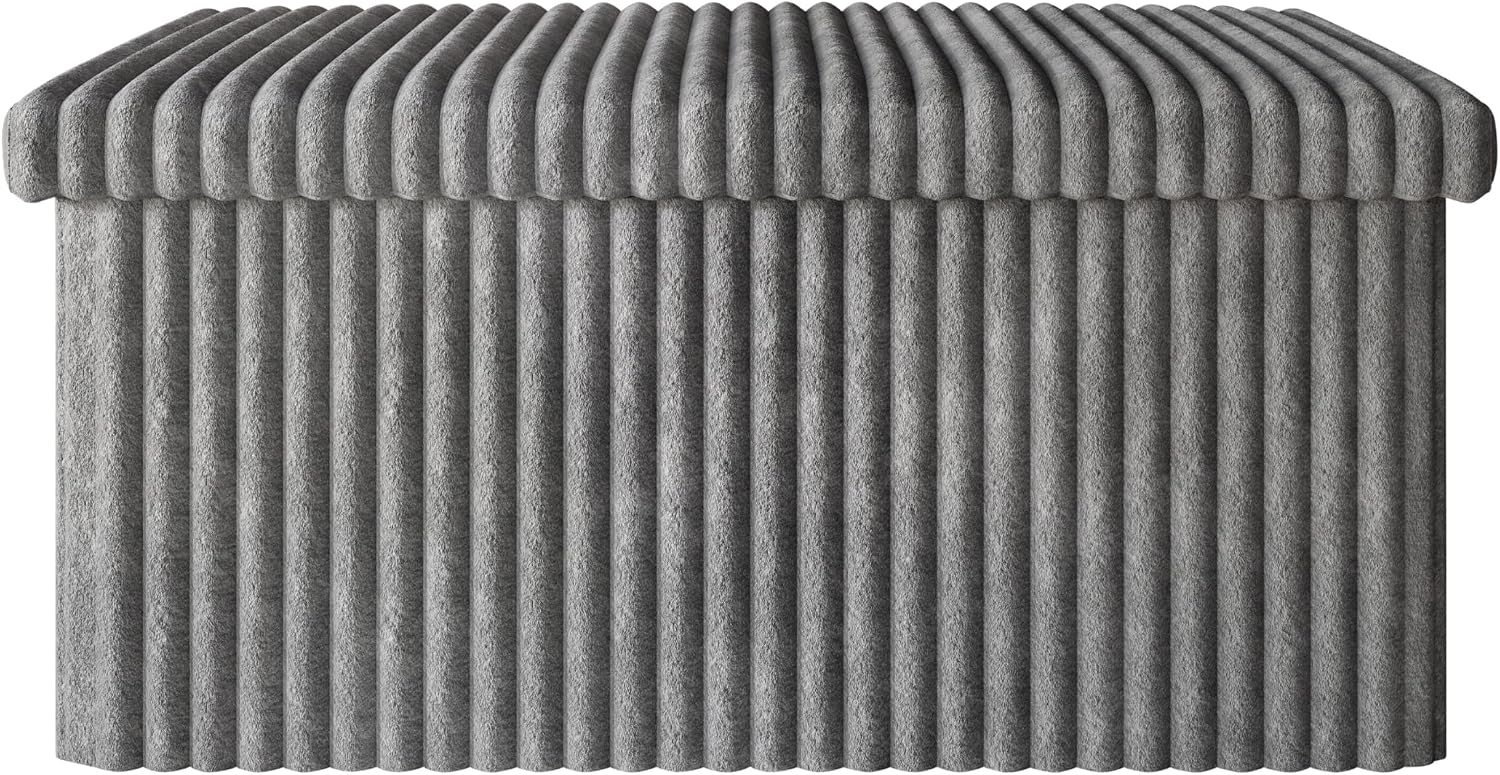 HOME DESIGN Florence 30" Upholstered Folding Storage Bench, Tufted Top, Space-Saving Storage, Gray Corduroy Fabric