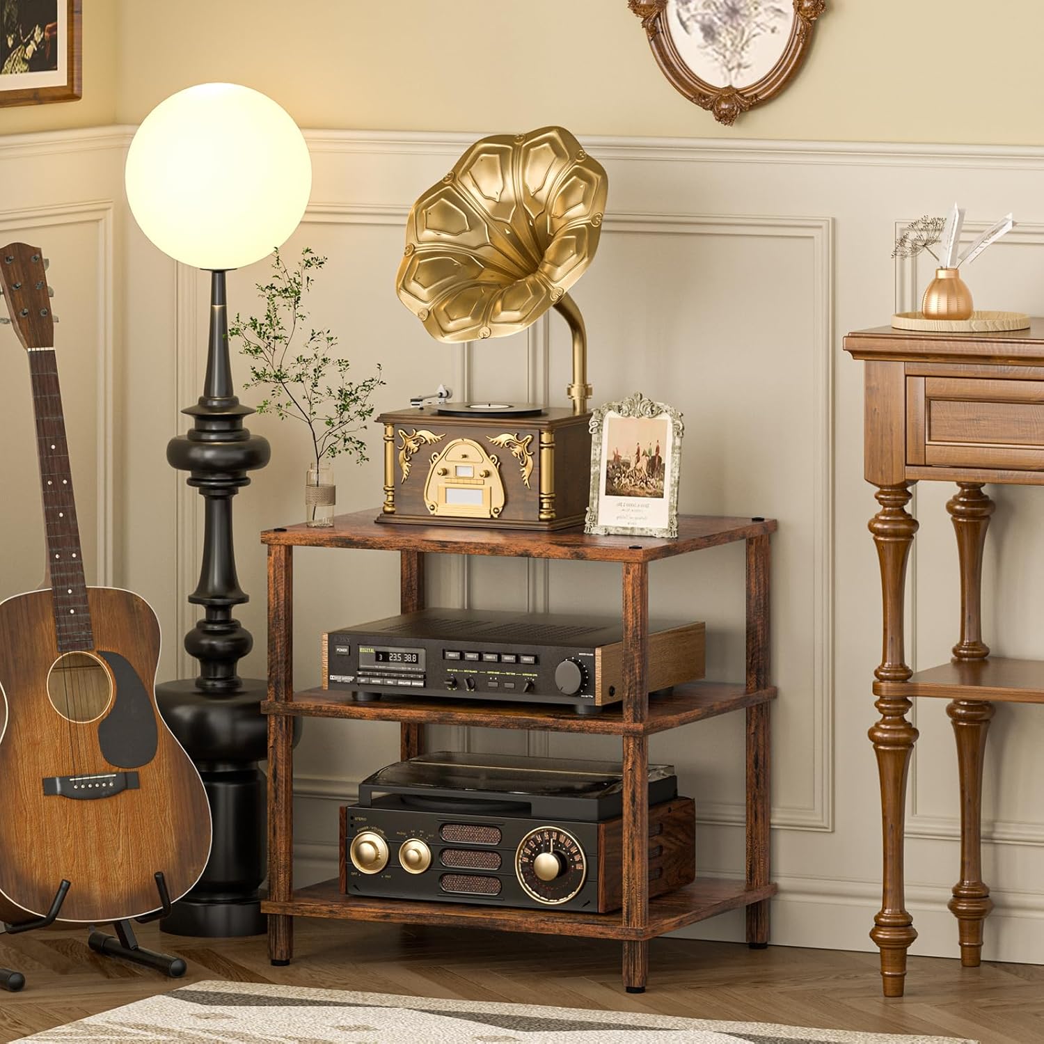 LELELINKY 3-Tier AV Media Player Stand, Brown Stereo Cabinet, Modern Stereo Cabine,Game Console Shelf,Wooden TV Stand,Multifunctional Entertainment Center, Suitable for Home, Conference Room