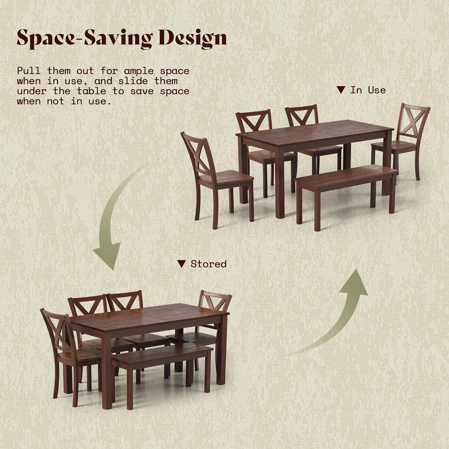 AMERLIFE 6-Piece Farmhouse Dining Table Set, 59" Wooden Table with 4 Chairs & Bench, Dining & Kitchen Room Set for 6, Space-Saving Rustic Dining Set, Walnut