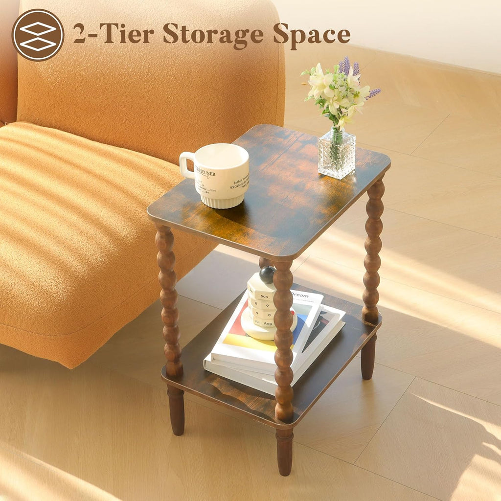 Fultyle Side Table, Small End Table with Storage Shelf, 2-Tier Small Coffee Tables Living Room for Bedroom, Narrow Spaces (Rustic Brown)