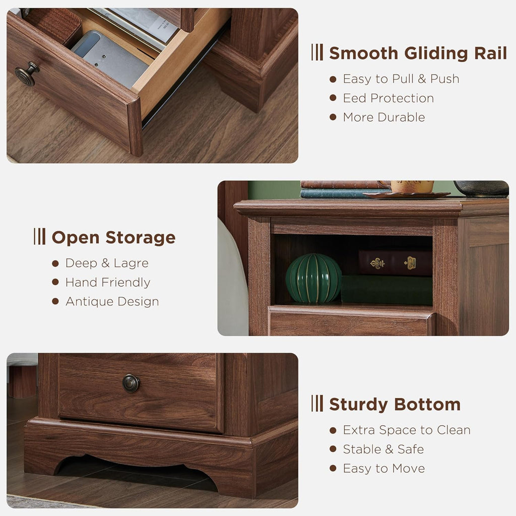 T4TREAM Nightstand Set of 2 with Charging Station, 18" W Vintage End Table with 2 Drawers & Open Storage Shelf, Wood Rustic Sofa Side Table for Living Room, Bedroom, Light Walnut