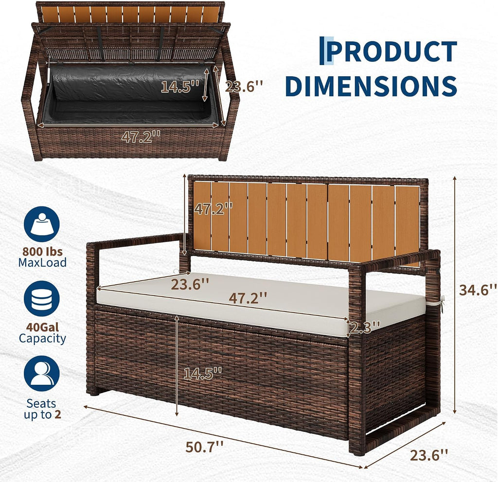 TrailBlaze Outdoor Rattan Storage Bench with Cushion – Large Capacity Waterproof Wicker Deck Box – Backrest & Armrests – Durable Iron & Wood Frame for Garden, Patio, Balcony, Porch – Dark Brown Rattan
