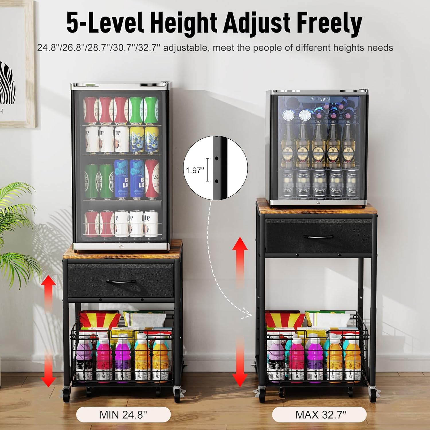 Housolution Mobile Mini Fridge Stand with Storage, Height-Adjustable Mini Beverage Fridge Table, Coffee Bar, 200 lbs Heavy-Duty Compact Refrigerator Shelf with Rolling Cabinet for Kitchen Home Office
