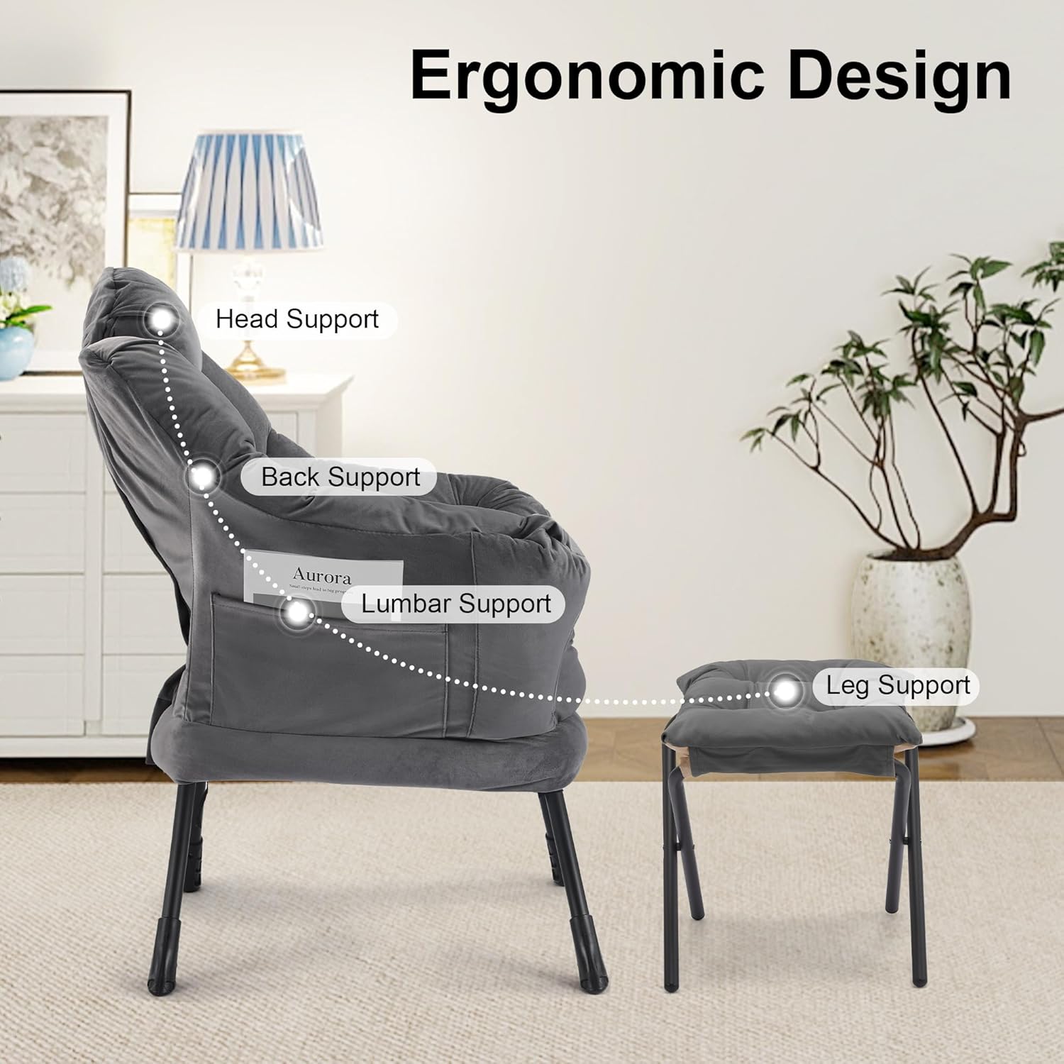 SAETSFEG Lazy Chair with Ottoman, Modern Accent Lounge Chair with Side Pocket and Armrests, Cozy Reading Armchair with Footrest, Upholstered Sofa Chair for Small Spaces, Bedroom Living Room, Dark Grey