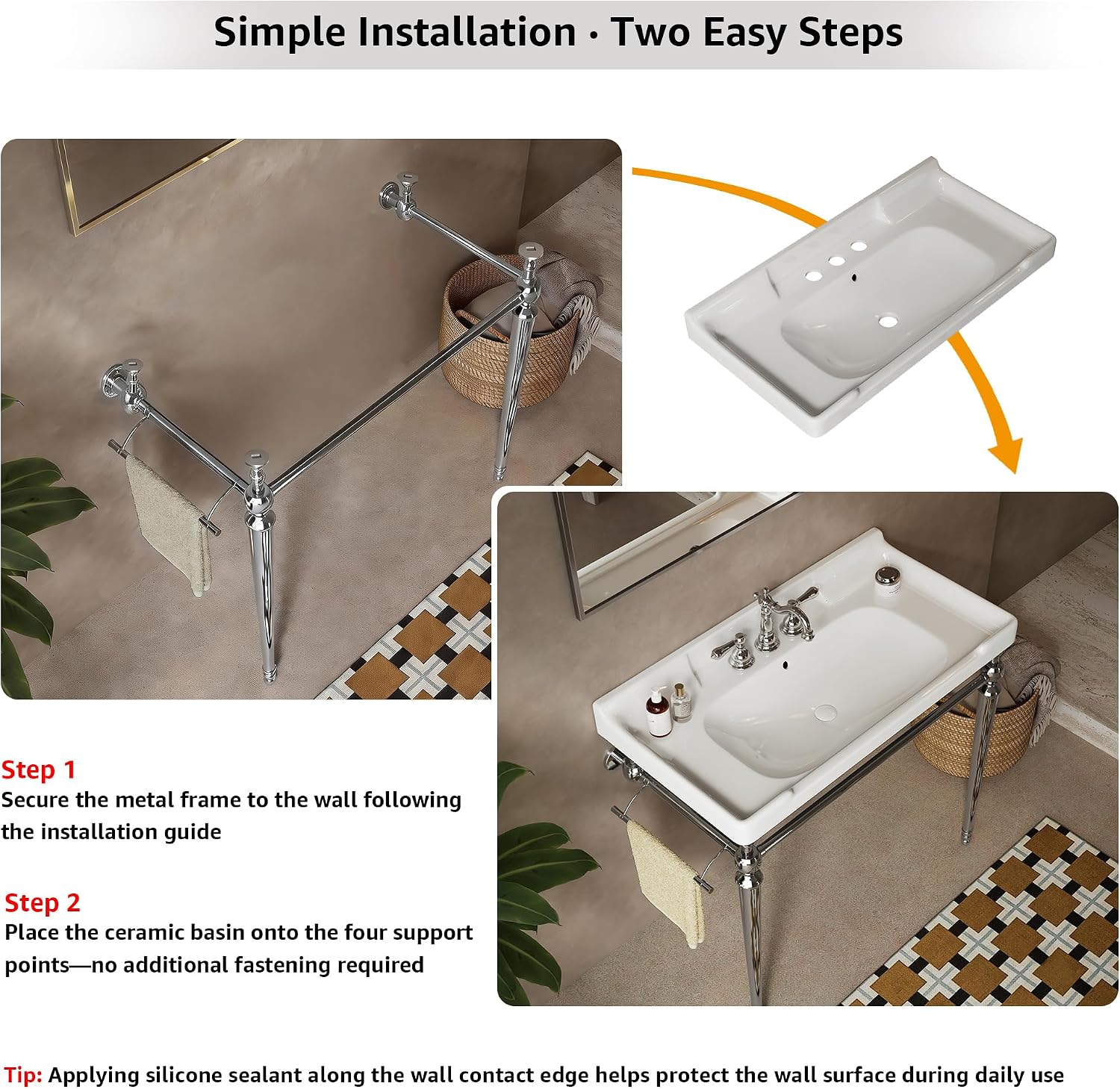 28 Inch Console Bathroom Vanity with Ceramic Sink, Open-Frame Stainless Steel Legs with Towel Bar, 3 Faucet Holes, Wall-Mounted Support, No Faucet (Silver Frame | White Sink)