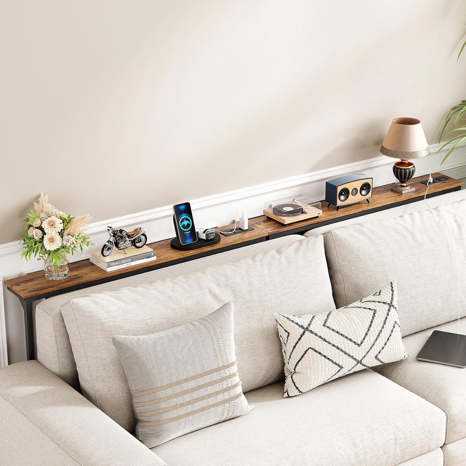 Kitstorack 2-Pack Narrow Console Table with Adjustable Height (25"-33") & 2 Power Outlets, Skinny Behind Couch Table, 78.8" Long x 5.9" Wide Sofa Side Table for Living Room, Rustic Brown