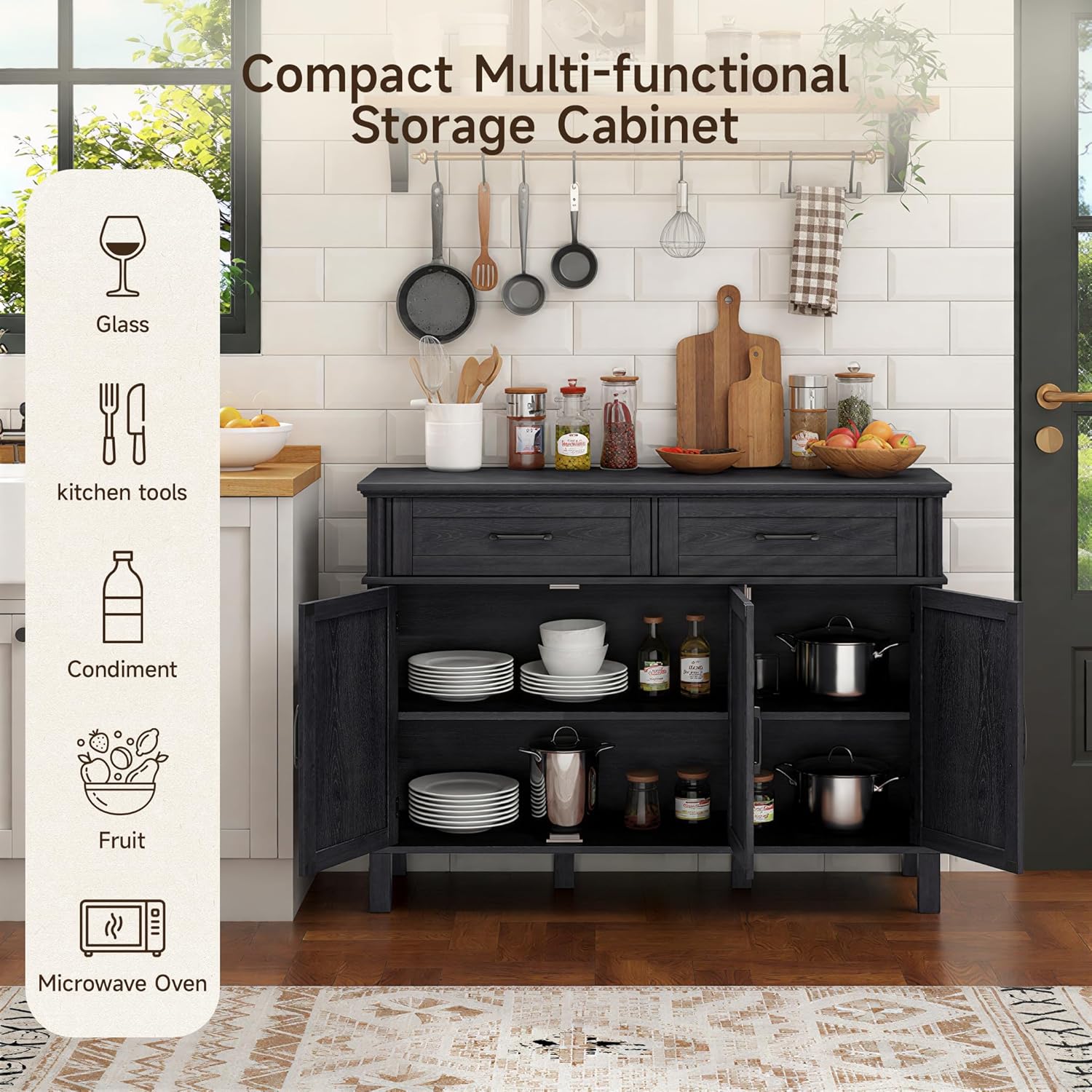 55 Inches Sideboard Buffet Cabinet with Storage, Farmhouse Sideboard Buffet w/2 Drawers and 3 Doors, Kitchen Cabinet with Adjustable Shelf, Wood Kitchen Console Table for Living Room, Hallway, Black