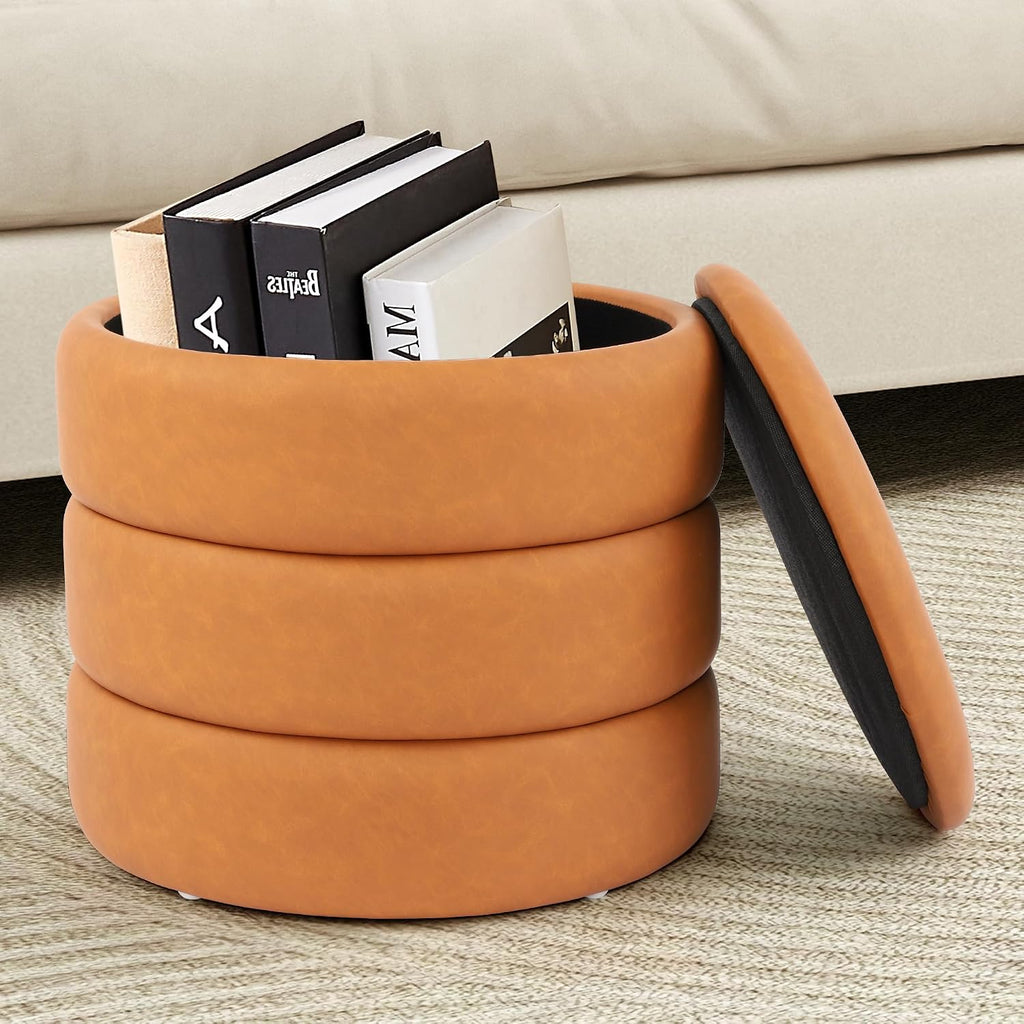 DAGONHIL Round Ottoman with Storage, PU Leather Footrest, Hidden Storage Ottoman Stool,Vanity Stool for Bedroom, Living Room, Entryway, Brown