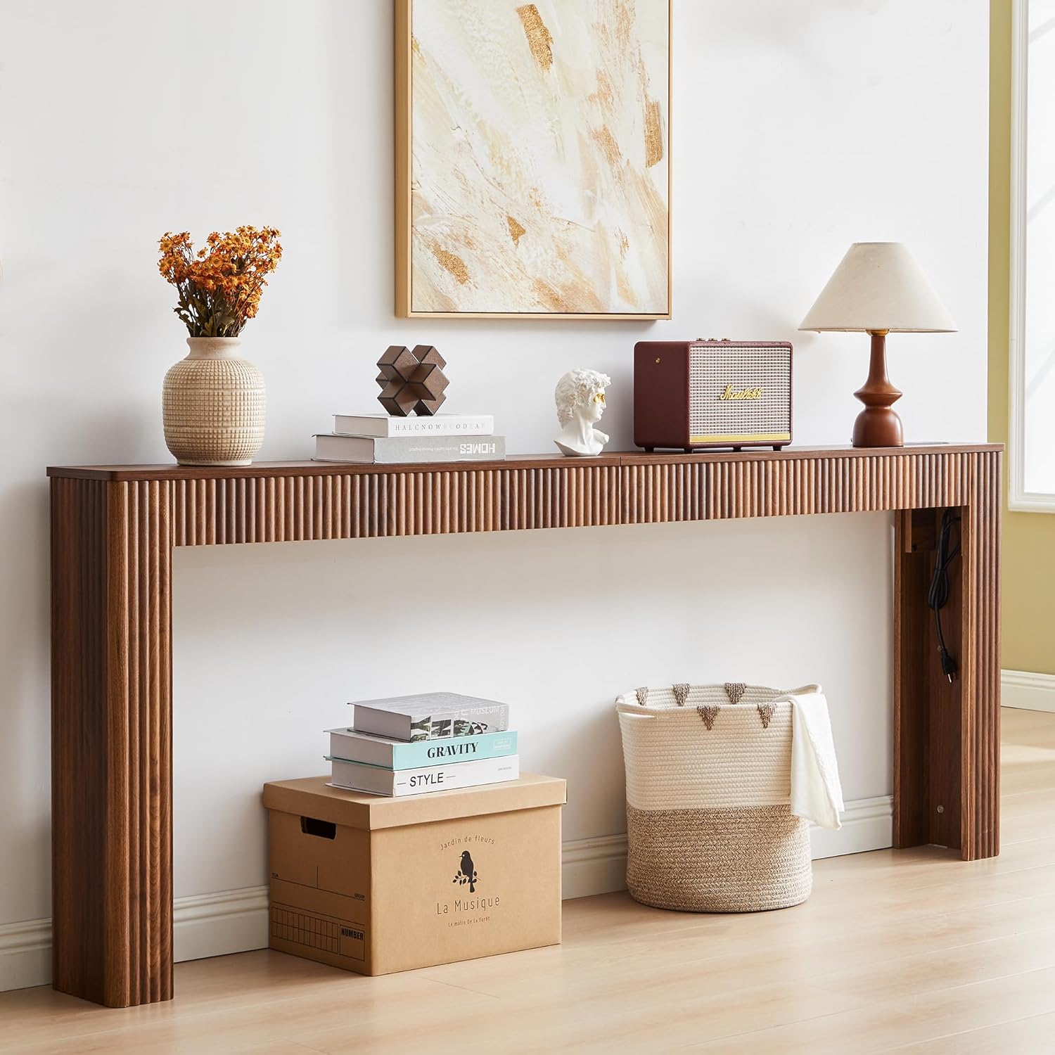 79" Fluted Console Table with Charging Station, Mid Century Modern Narrow Entryway Table with Power Outlet & USB Ports, Long Wooden Sofa Table Behind Couch, Hallway Accent Table for Foyer