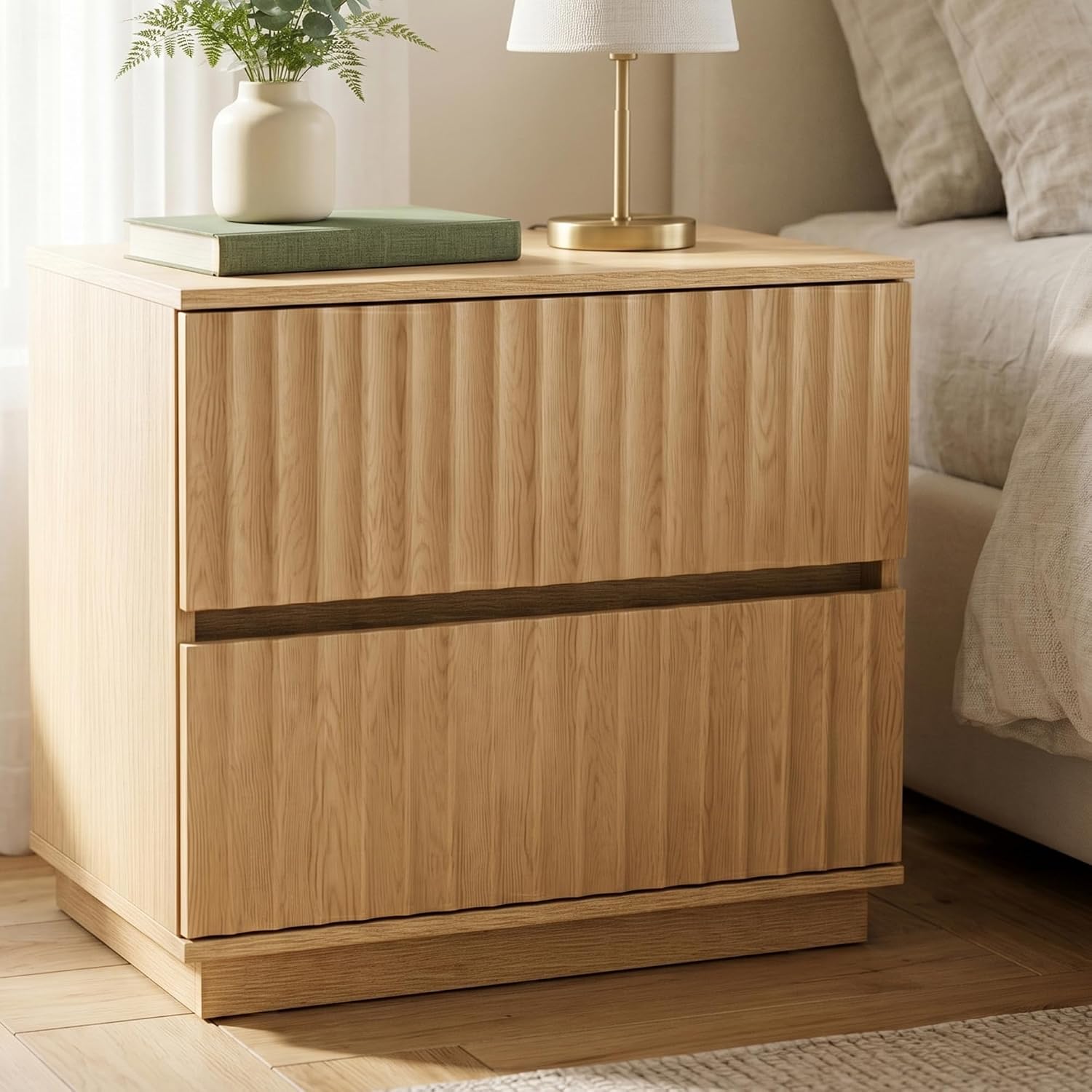 Fluted Nightstand with 2 Drawers, 23.6-Inch Wide, Natural Oak | Modern bedside table for a calm, organized bedroom; ribbed fronts, light wood tones and handleless lines add Japandi appeal