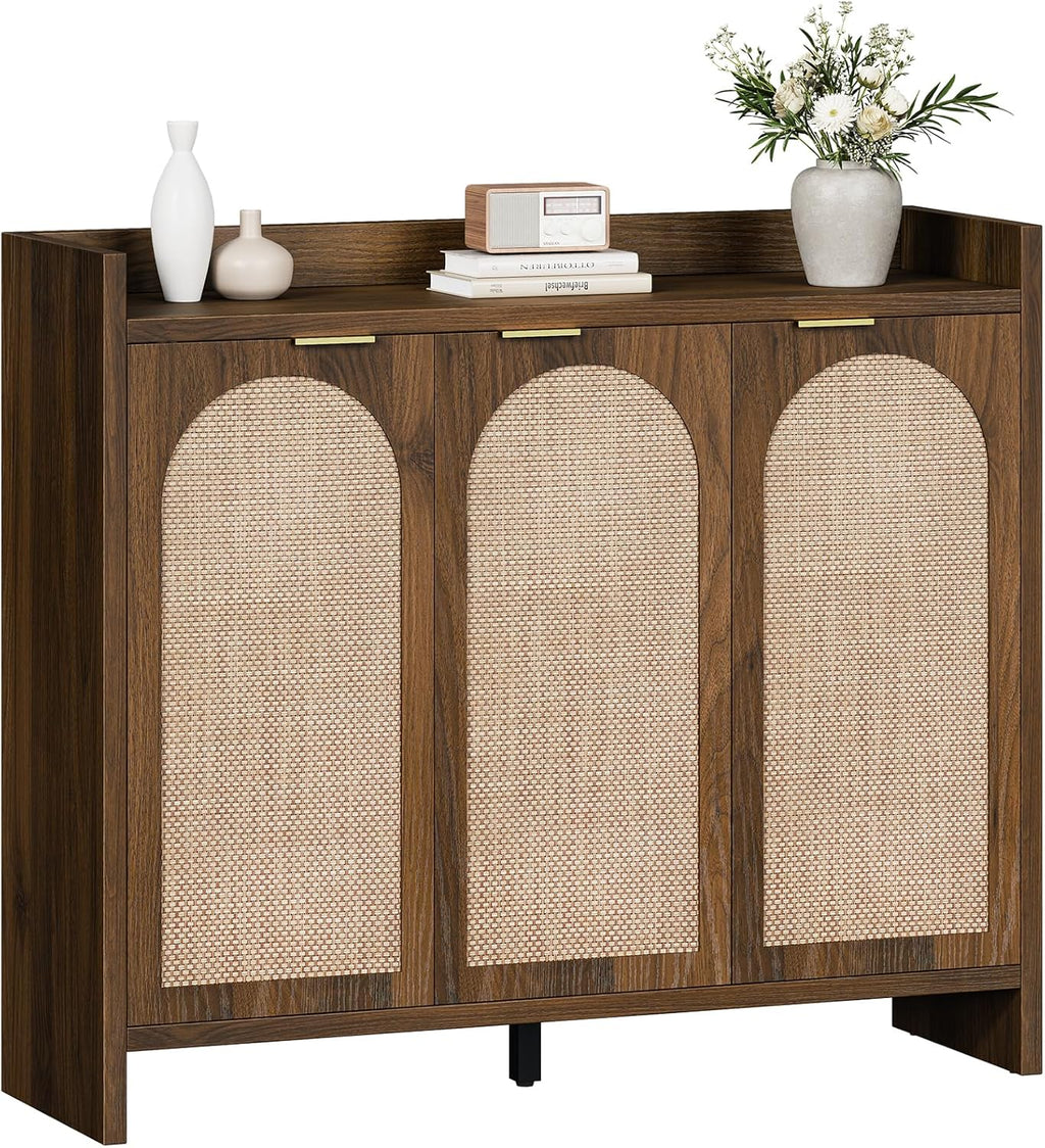 Shoe Cabinet Storage for Entryway - Rattan Accent Cabinet with 3 Doors & Adjustable Shelves, 6-Tier Large Wood Shoes Cabinets with Organizer Rack for Entry Way, Hallway, Living Room, Walnut