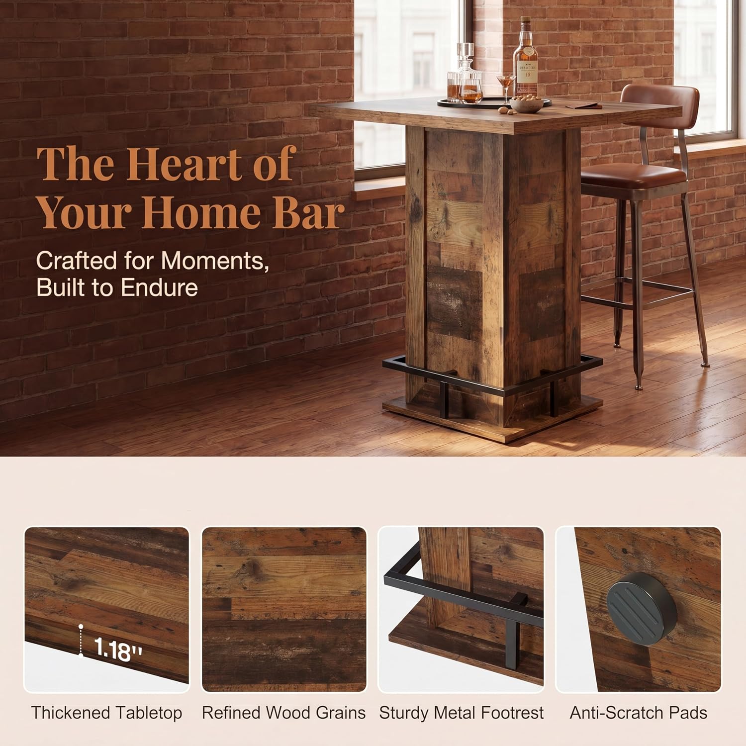 Tribesigns Square Bar Height Table, 39.4" H Counter Height Pub Table, High Top Kitchen Bar Table with Footrest, for Dining Room, Kitchen, Restaurant, Cafe, Pub, Dark Brown