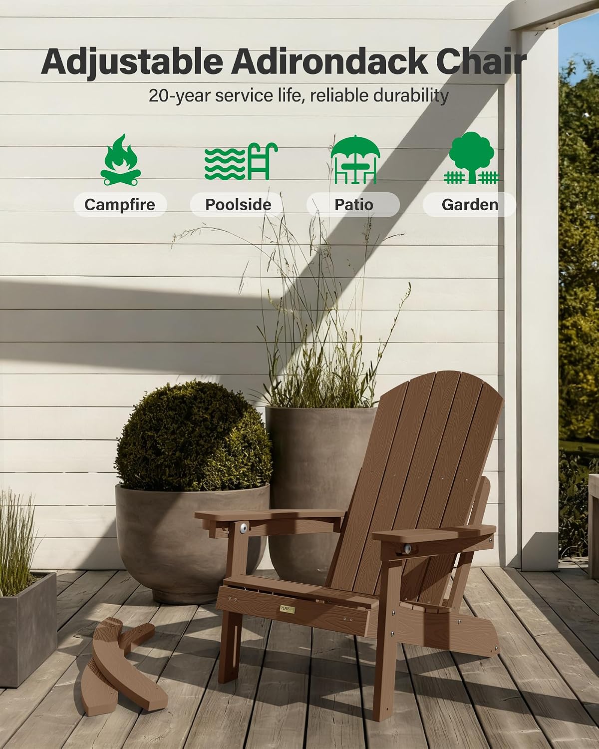 YEFU Adirondack Chairs with Retractable Ottoman: Oversize Adirondack Rocking Chairs - 5-Level Adjustable High Back - Outdoor Rocker with Cup Holder for Porch/Gardens/Lawn/Patio/Backyard/Teak