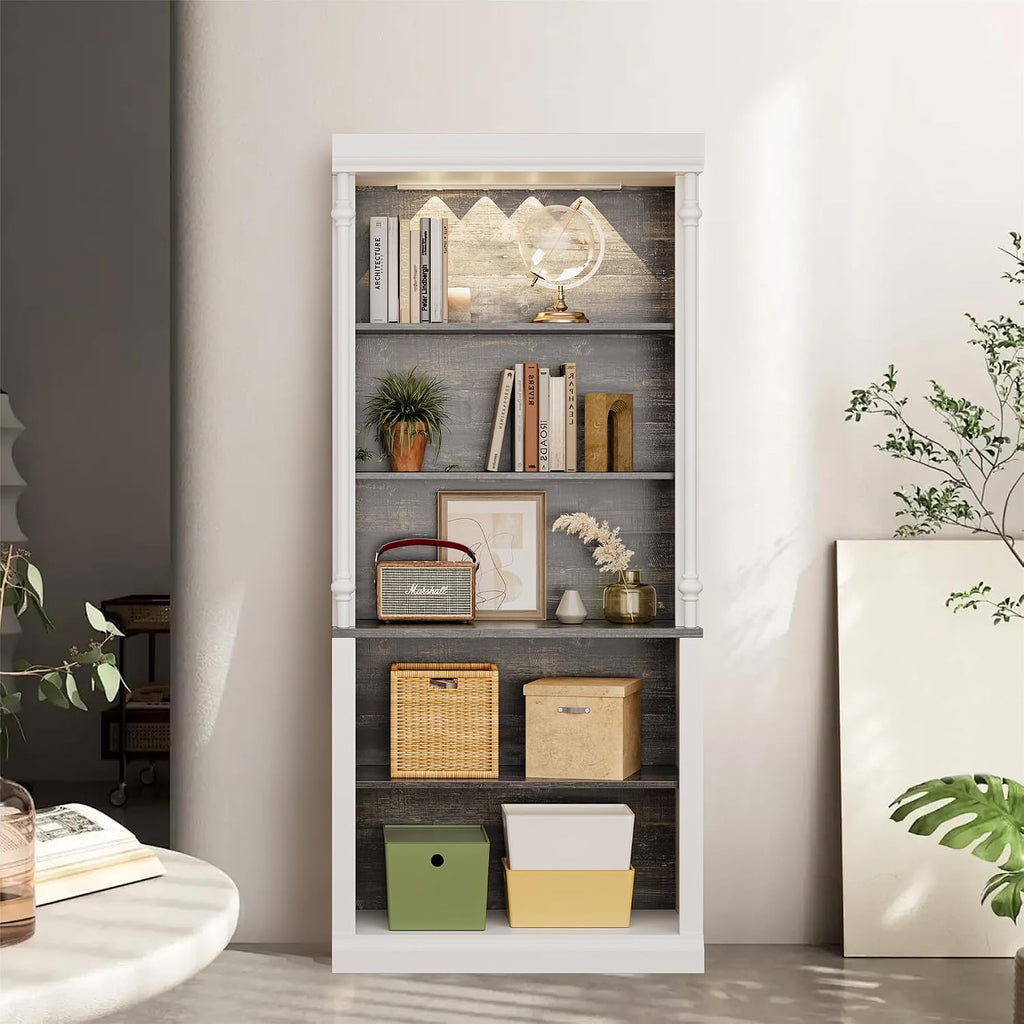 71 Inch Tall Storage Cabinet with LED Lights, Freestanding Pantry Cabinet with Double Doors and Adjustable Shelves, Roman Column Bookcase for Kitchen Dining Room Living Room