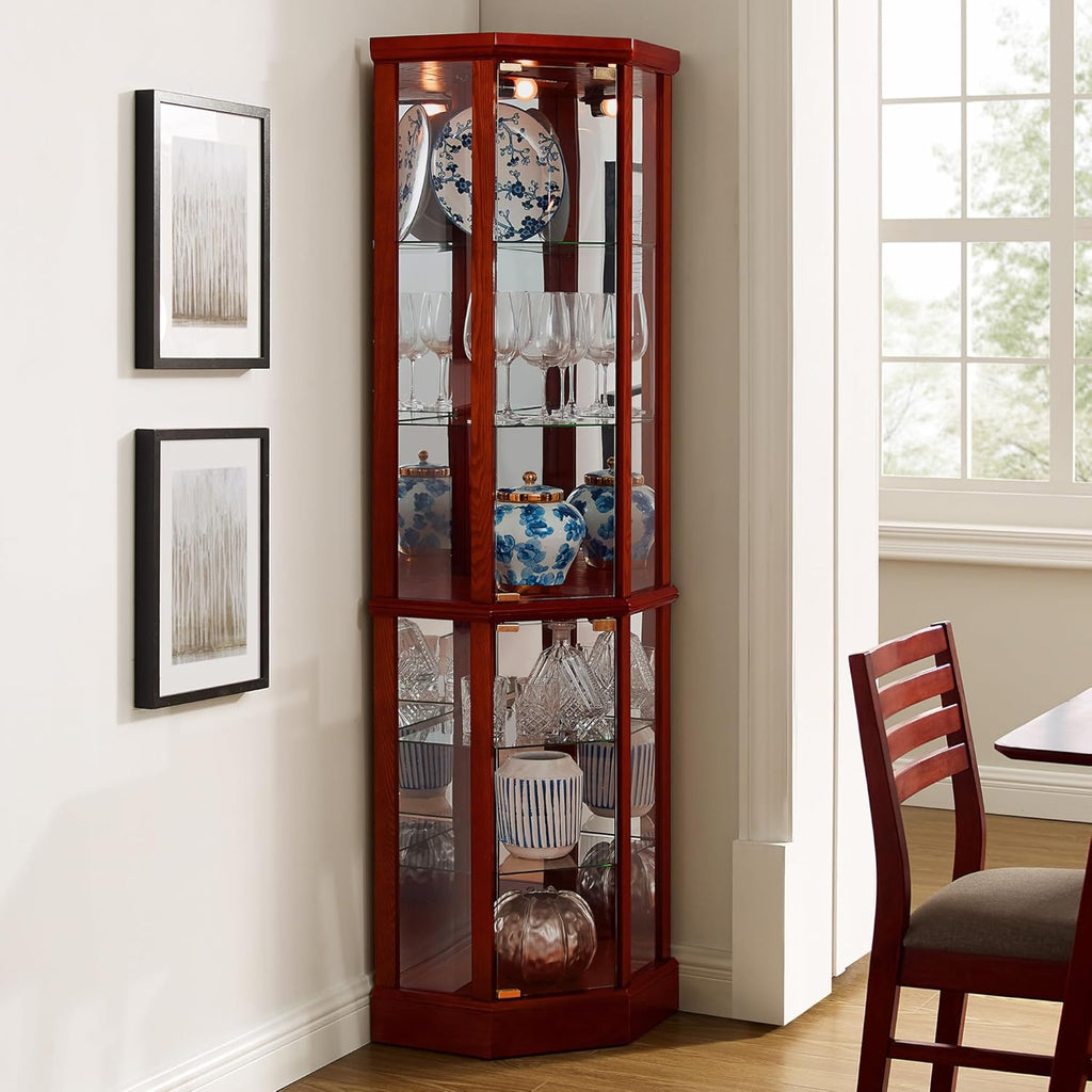 Corner Curio Cabinet, 70" Tall Lighted Glass Display Cage with Tempered Glass Doors and 5 Adjustable Shelves, Wine Bar China Cabinet for Living Room (E26 Bulb Not Inclued) (Cherry & Style 2)