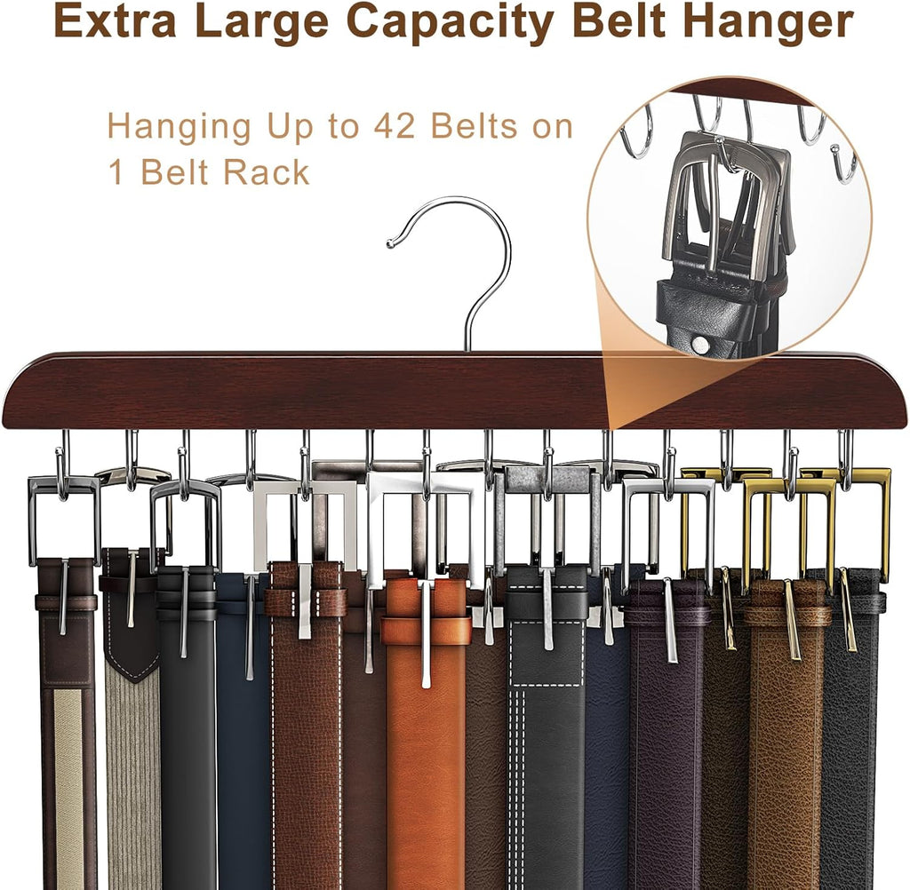Belt Hanger for Closet, Sturdy Wood Belt Rack Closet Accessories with 14 Hooks Belt Organizer for Closet Organizers and Storage Max 42 Belts-Mahogany 2 Pack