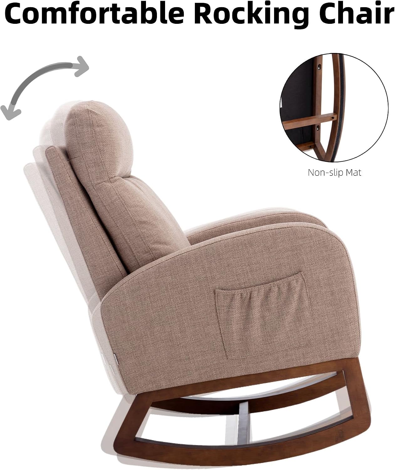 Rocking Accent Chair for Nursery, Upholstered Glider Nursery Chair with Breathable Fabric for Bedroom, Living Room, Camel