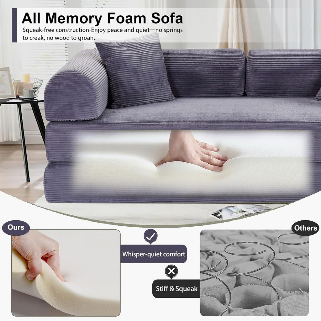 JJJ 78 inch Sofa Bed 4-in-1 Boneless Convertible Corduroy Sleeper Folding Couch with Fixed-Shape Frame and 2 Futons No Assemble Required 3 Seater Upholstered for Living Room (Gray, 78 inch)