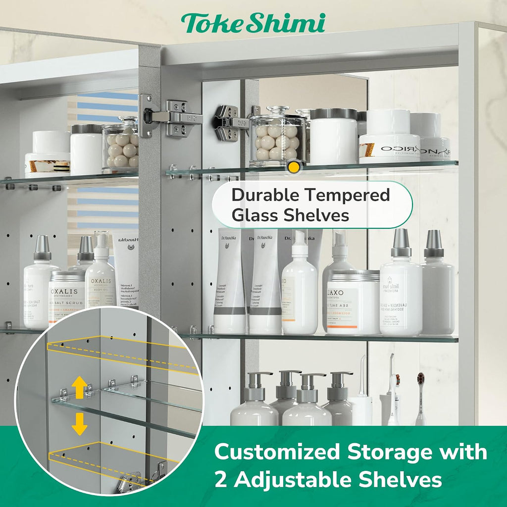 TokeShimi 24x26 Mirrored Medicine Cabinet, Aluminum Recessed Wall Mounted Bathroom Cabinet with Full-Overlay Mirrors