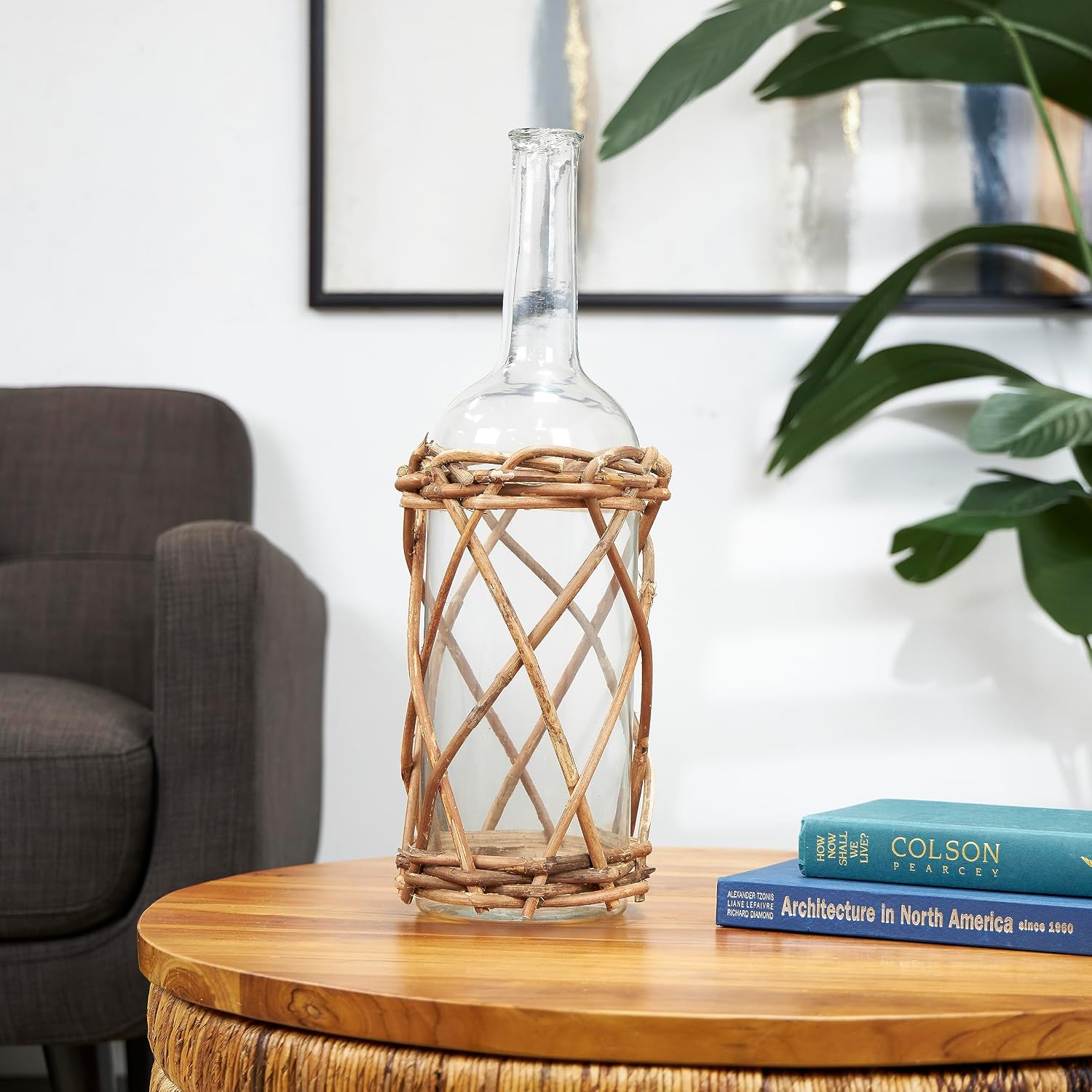 Deco 79 Glass Handmade Decorative Vase Tall Centerpiece Vase with Brown Rattan Woven Lower Body, Flower Vase for Home Decoration 8" x 8" x 23", Clear