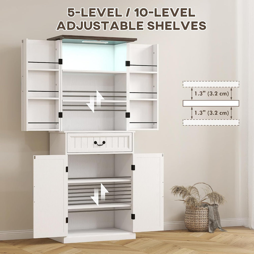 HOMCOM 71" LED Kitchen Pantry Cabinet, Farmhouse Tall Freestanding Storage Cabinet with Door Shelves, Adjustable Shelves and Drawer for Kitchen and Dining Room, Distressed White