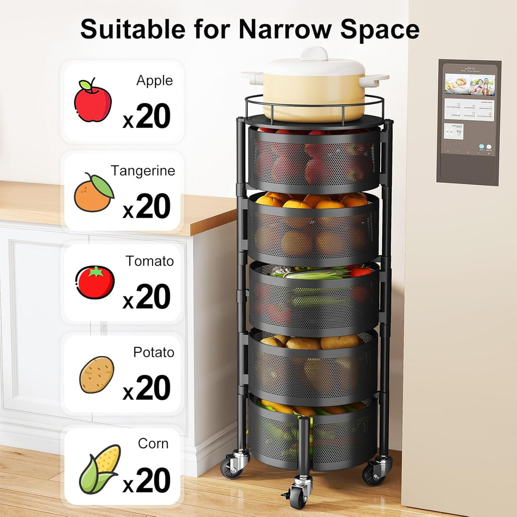 SAYZH Fruit Vegetable Basket for Kitchen, Rotating Storage Rack, 5 Tier Rolling Cart with top lid, Large Metal Wire Wheels, Black