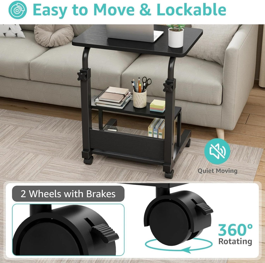 WINAZ Small Rolling Desk for Small Spaces - 24" Portable Kids Desk with Wheels, Height Adjustable C Shaped Side Table Mobile Laptop Desks with 2-Tier Storage Shelves for Bed Sofa, Black