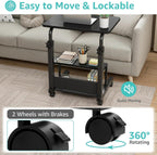 WINAZ Small Rolling Desk for Small Spaces - 24" Portable Kids Desk with Wheels, Height Adjustable C Shaped Side Table Mobile Laptop Desks with 2-Tier Storage Shelves for Bed Sofa, Black