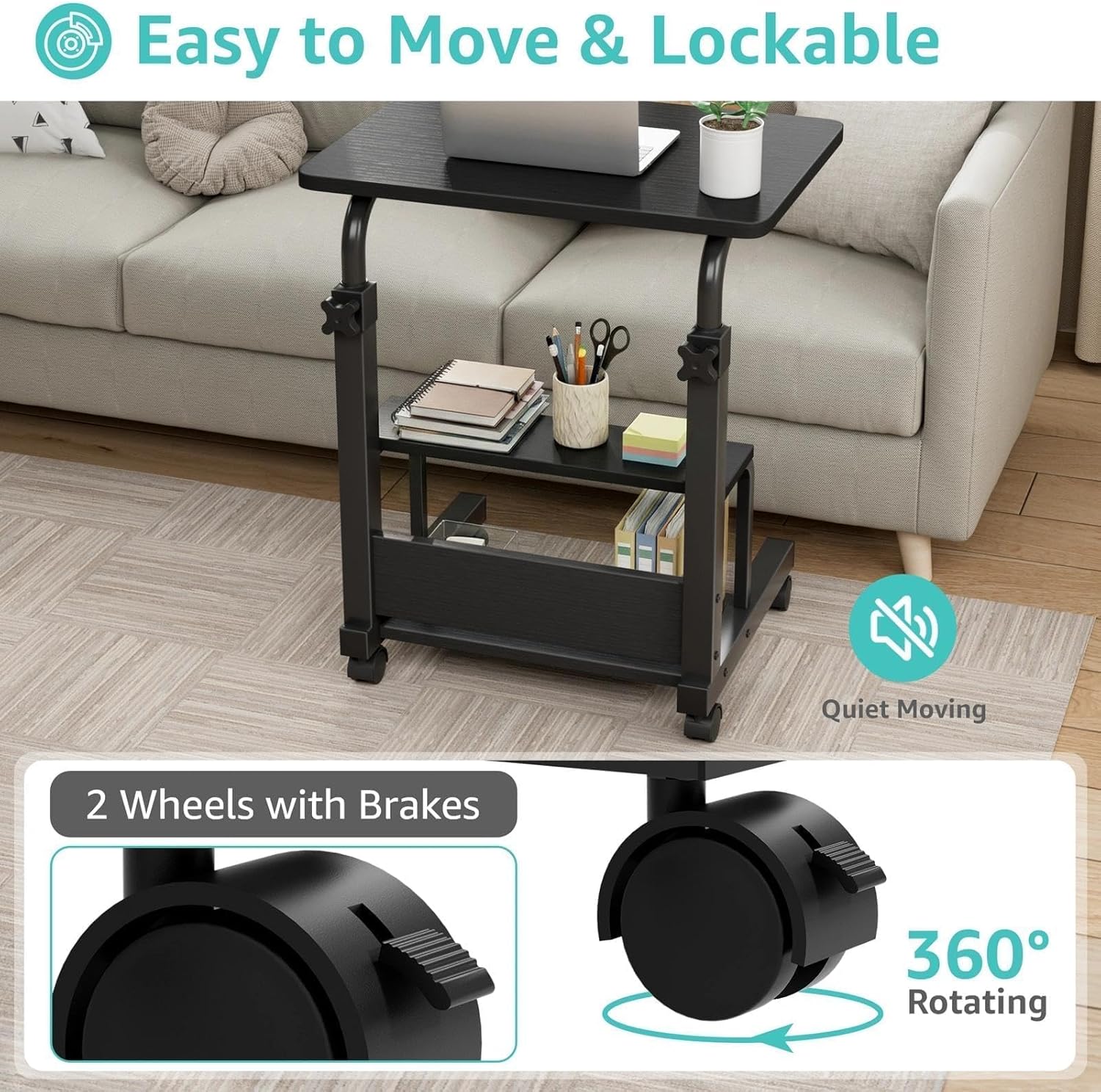 WINAZ Small Rolling Desk for Small Spaces - 24" Portable Kids Desk with Wheels, Height Adjustable C Shaped Side Table Mobile Laptop Desks with 2-Tier Storage Shelves for Bed Sofa, Black