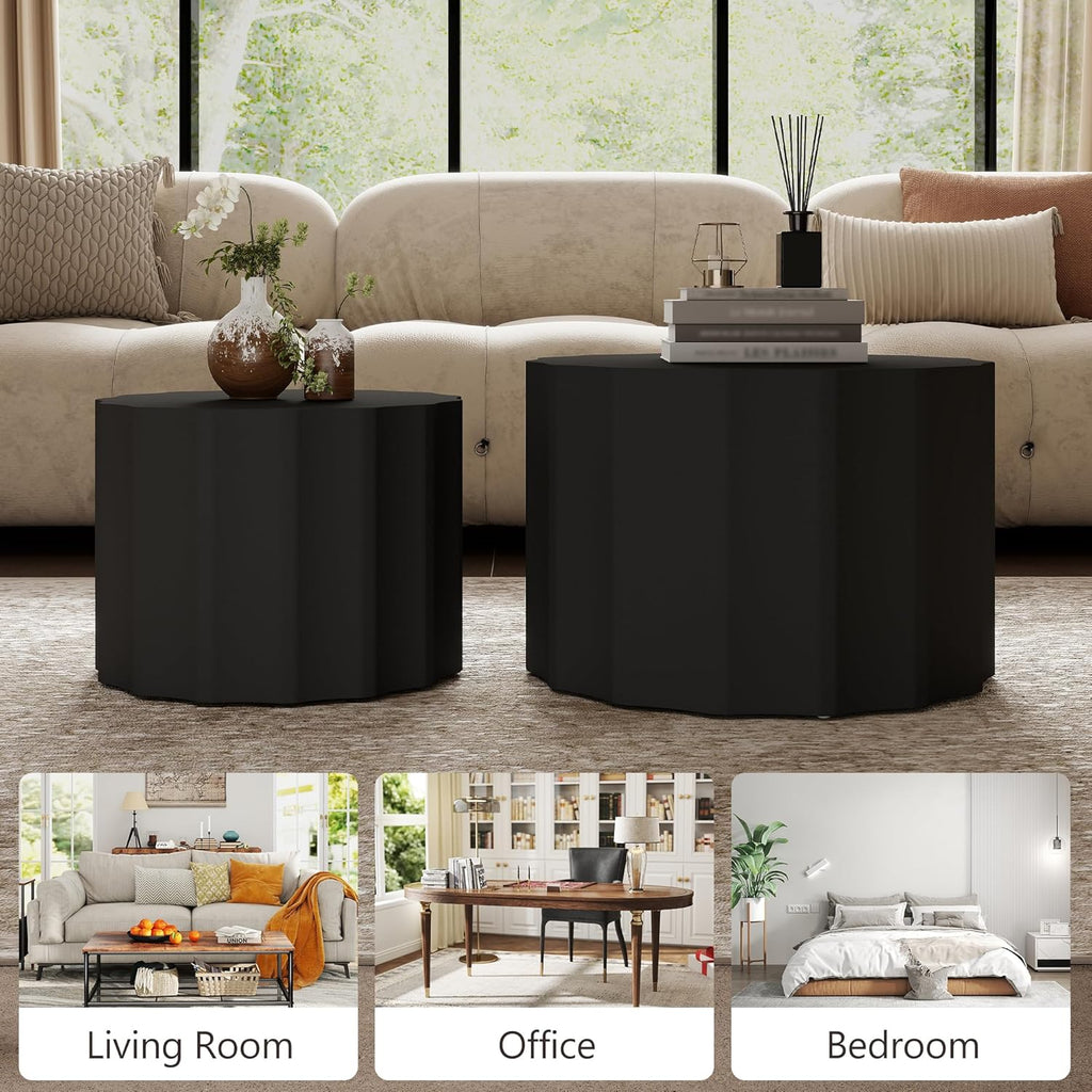 Nesting Coffee Table Set of 2, Modern Round Coffee Table with Non-Slip Feet, Wooden Circle Accent Tables for Small Spaces, Side End Table for Living Room, Bedroom, Balcony, Office, Black