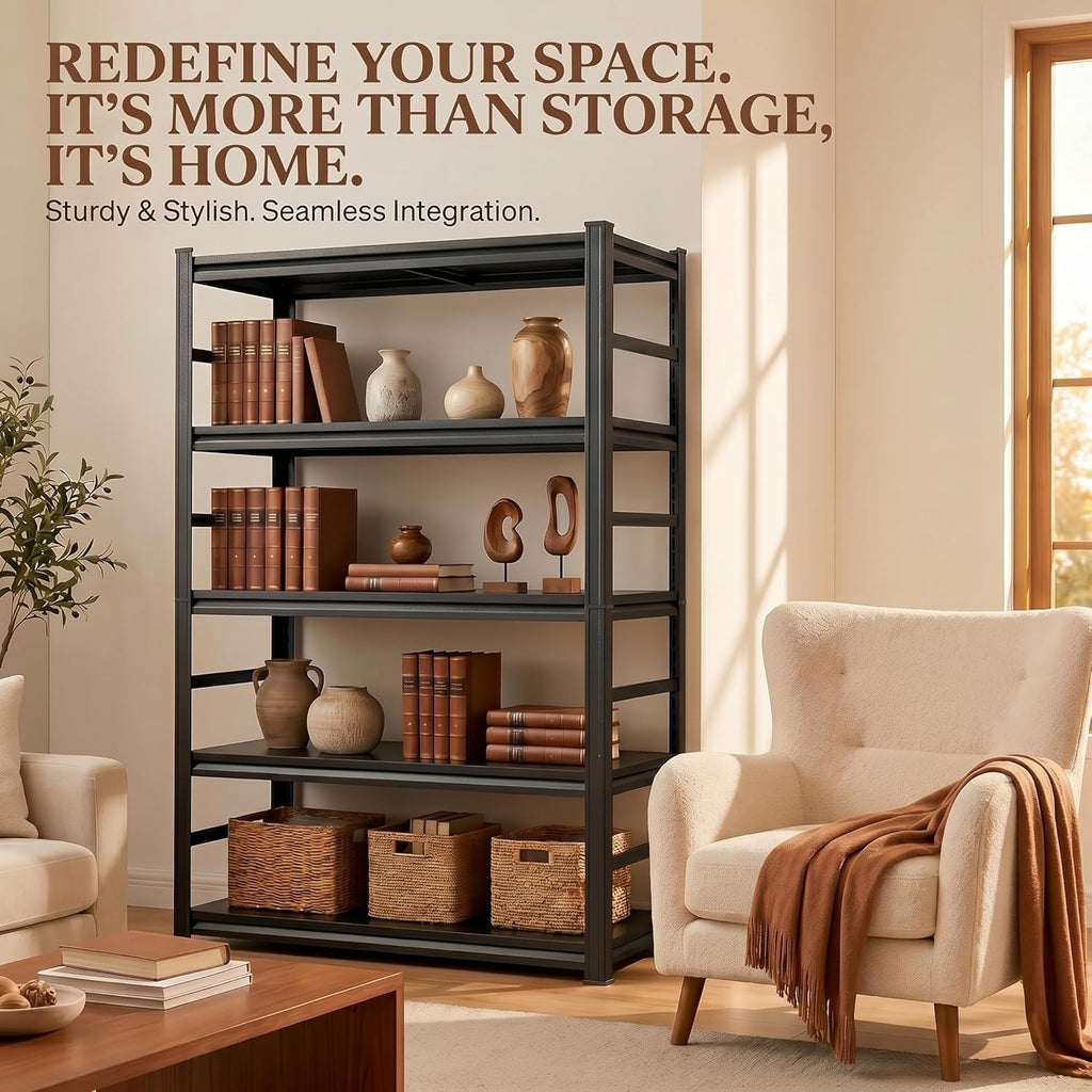 5 Tier Metal Bookshelf with Anti-Drop Fence, 72" H Adjustable Tall Bookcase, Heavy Duty 3000 LBS Modern Deep Book Shelf, Bolt-Free Storage Shelves for Living Room, Home Office, Garage