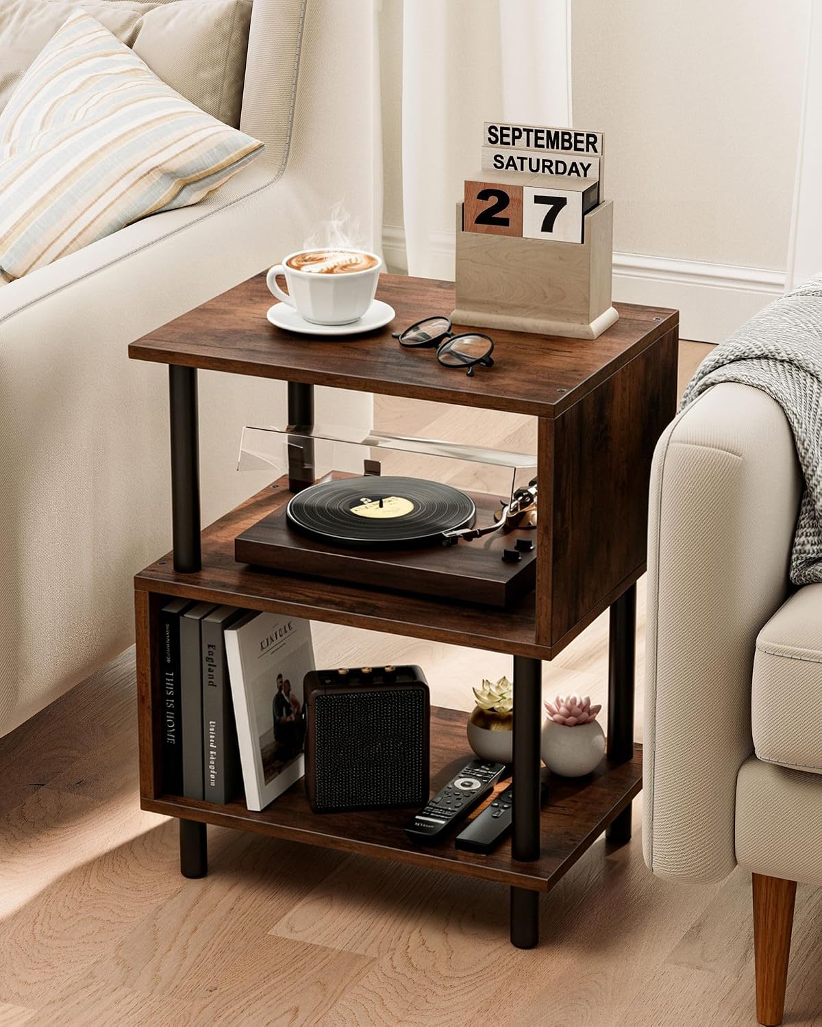 Frylr Small Side Table, End Table and Nightstand with 3-Tier Wood Shelves, Sturdy Metal Frame with 44 LBS Capacity per Shelf, Easy to Assemble for Living Room or Bedroom,Rustic Brown