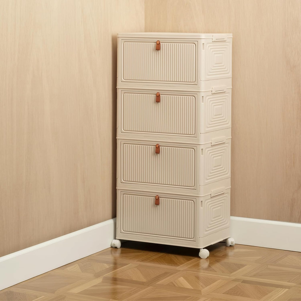 20 QT (80 QT Total) Foldable Storage Cabinet with Doors – 4 Tier Stackable Organizer, Collapsible Plastic Storage Bins with Magnetic Doors, Space-Saving Storage for Bedroom, Closet, Dorm