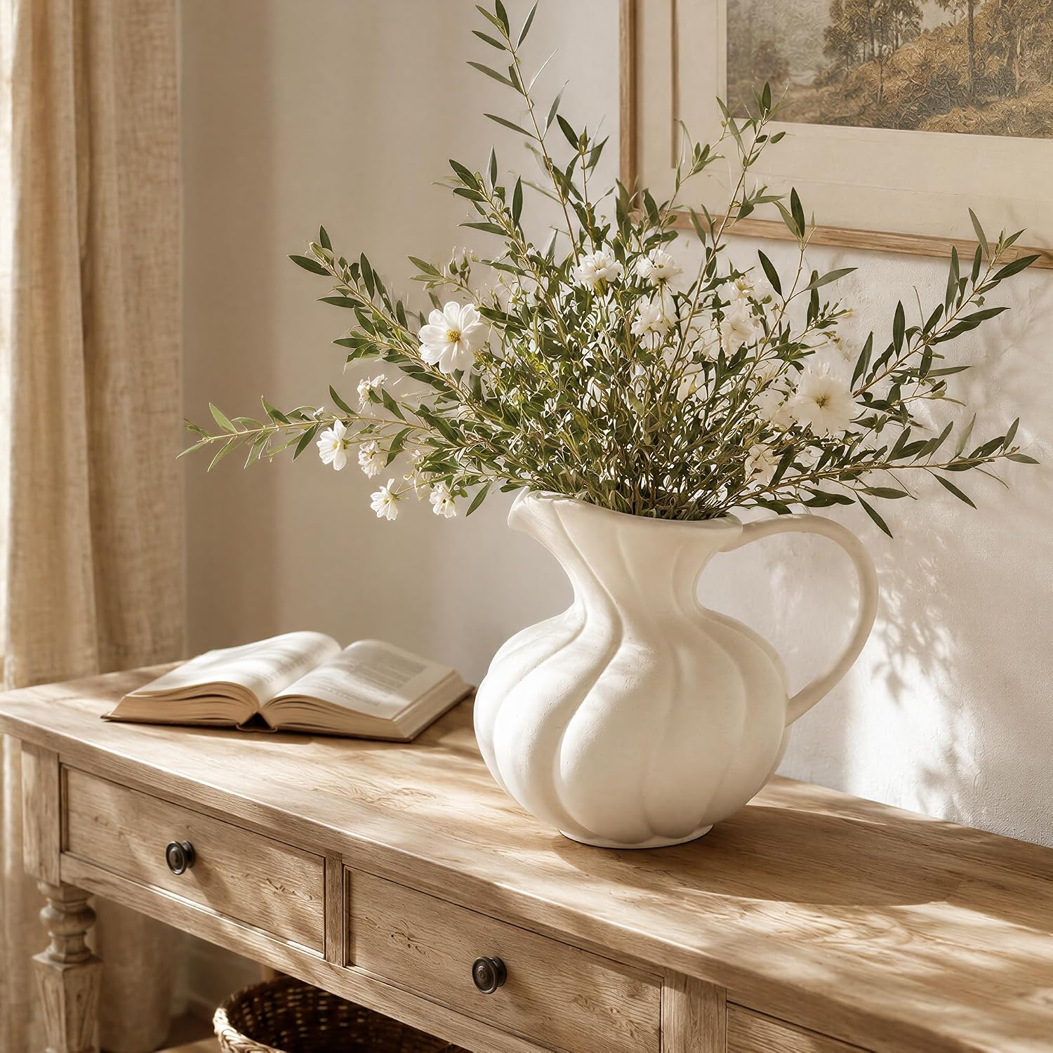 Large Ceramic Flower Vase Home Decor - Farmhouse Table Vases | Rustic Vintage Living Room Kitchen Bedroom Decorations for House Book Shelf Office Coffee Desk Dining Fireplace