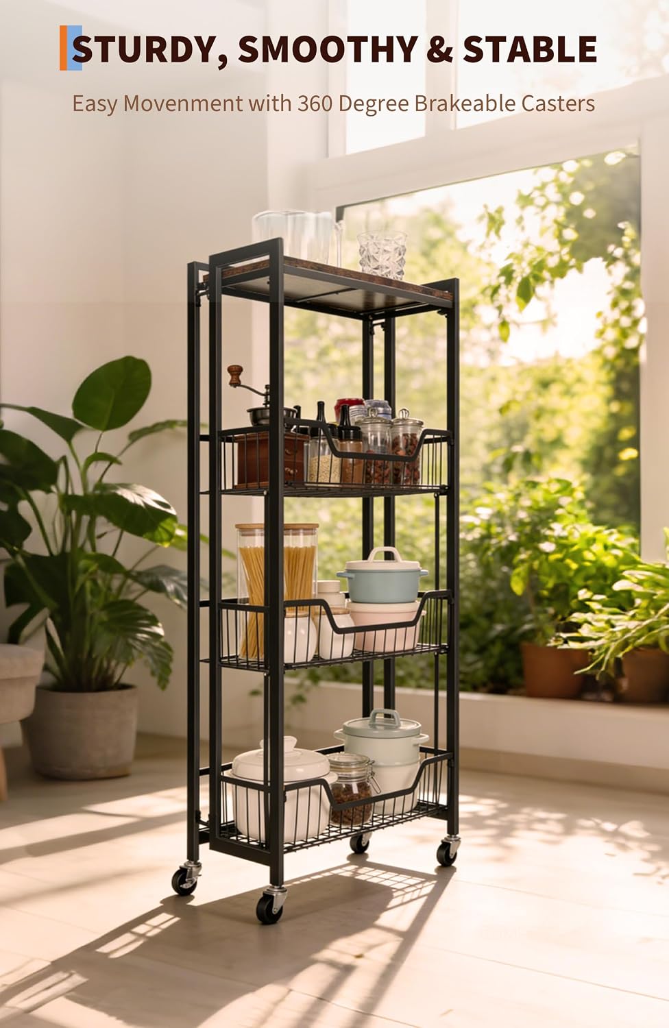 Garvee Large 4-Tier Foldable Storage Cart with Lockable Caster - 100Lbs Loading Capacity, Expandable Kitchen Organizer Storage Island, Heavy Duty Garage Shelving, Easy Foldable No Assembly Required