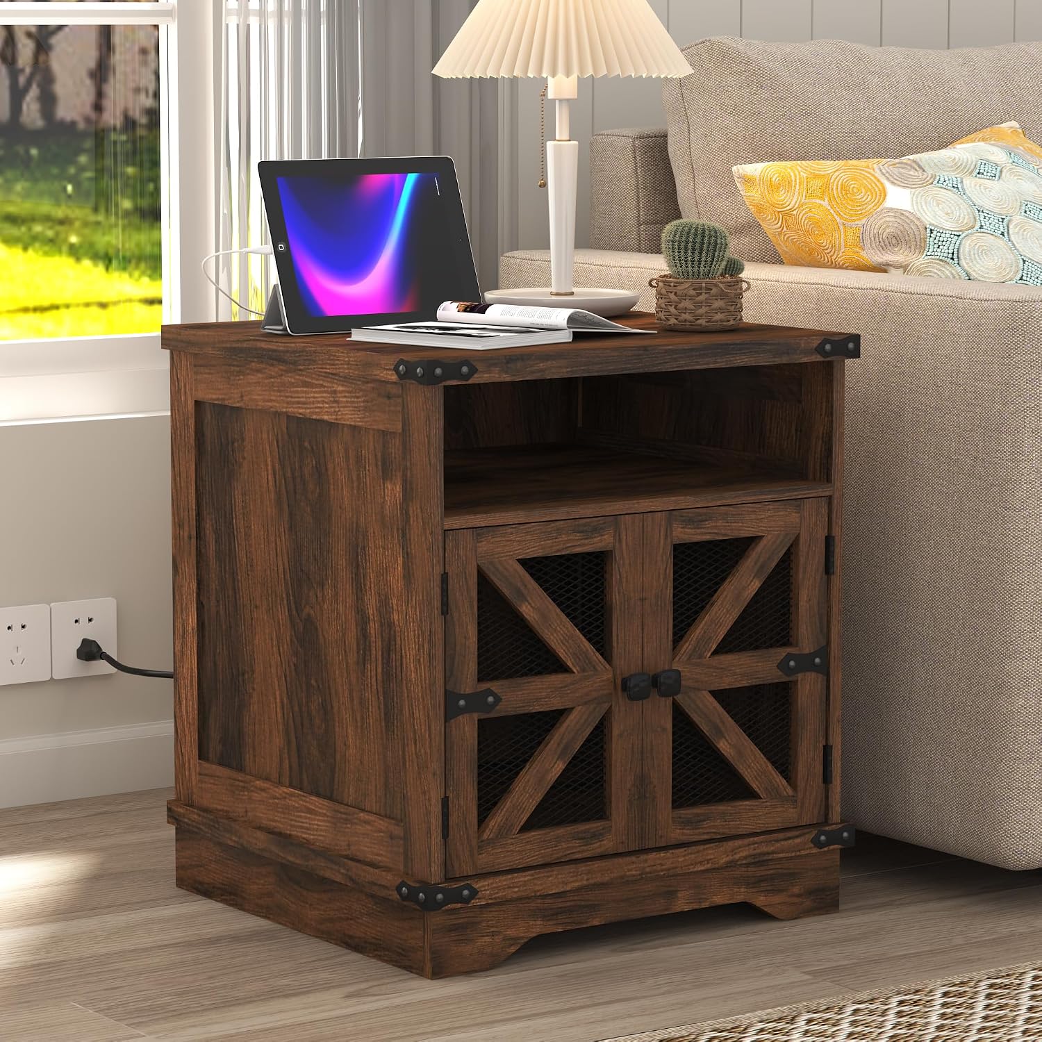 Farmhouse End Table with Mesh Barn Door,24" Large Sofa Side Table with Adjustable Storage Shelf, Nightstand with Outlet,Storage Cabinet and Water-Resistant Finish for Living Room, Bedroom, Brown