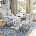 Modern Faux Marble Dining Table Set for 4, 63" White Rectangular Kitchen Table with Elegant U-Shaped Pedestal Base & 4 Tufted Upholstered High-Back Chairs, Luxury 7-Piece Dining Room Furniture Set