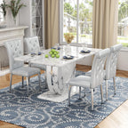 Modern Faux Marble Dining Table Set for 4, 63" White Rectangular Kitchen Table with Elegant U-Shaped Pedestal Base & 4 Tufted Upholstered High-Back Chairs, Luxury 7-Piece Dining Room Furniture Set