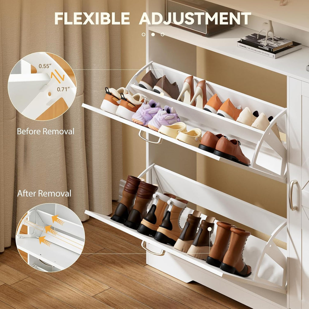 Artswish Narrow Shoe Cabinet with Flip Drawers & Power Outlet, Wooden Shoe Storage Cabinet with Side Cabinet & Adjustable Shelves, Shoe Rack with Drawers for Entryway, Hallway, White