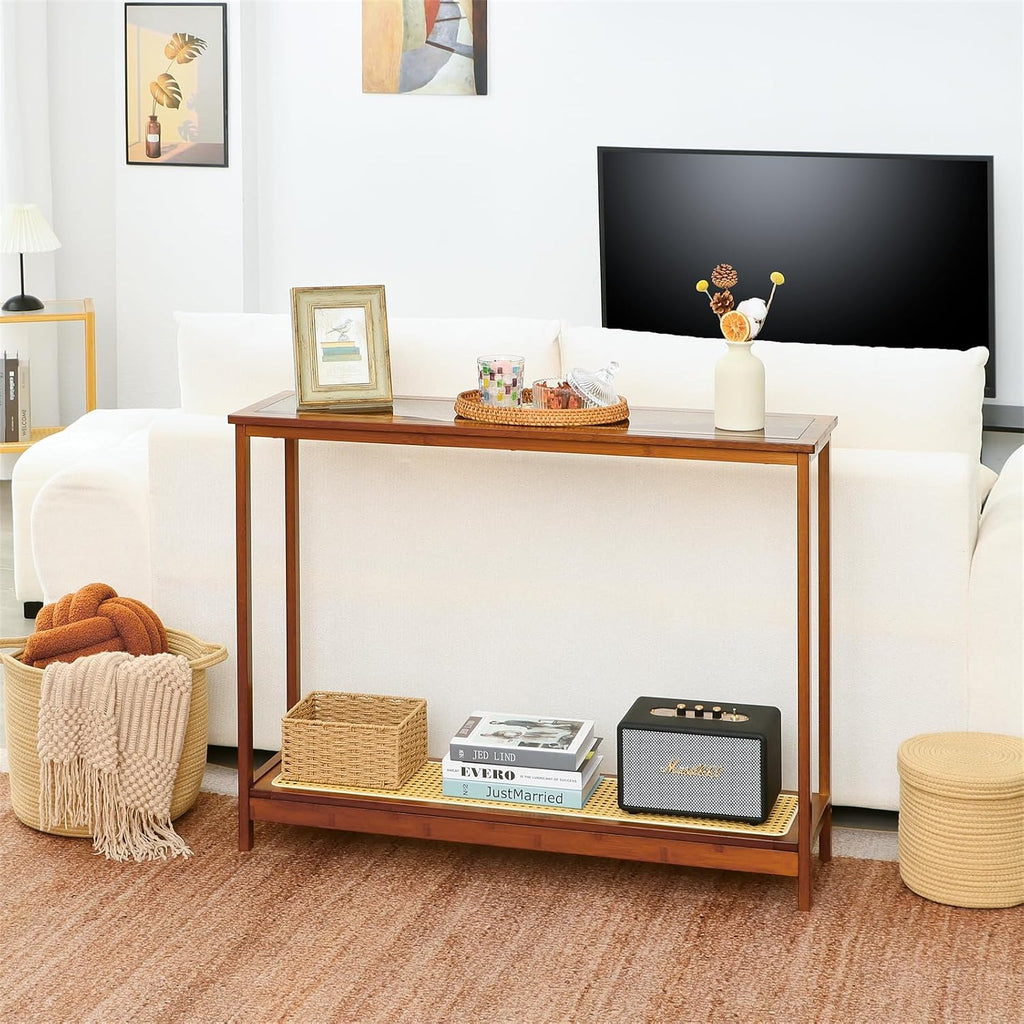 Bamboo Narrow Console Table, 39.4"(L) Wood Small Entryway Table with Rattan and Glass, Accent Slim Hallway Tables, Thin Sofa Side Tables for Hallway, Living Room, Bedroom, Foyer, Walnut