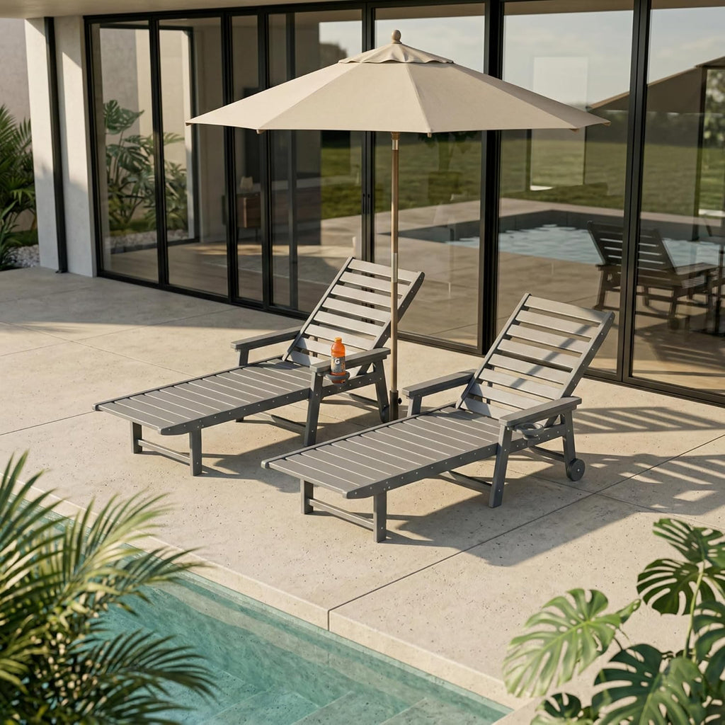 5-Position Adjustable Lounge Chair Outdoor, HDPE Outdoor Chaise Lounge with Cup Holder & Wheels, Pool Lounge Chairs for Poolside, Beach, Deck, Grey