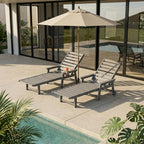 5-Position Adjustable Lounge Chair Outdoor, HDPE Outdoor Chaise Lounge with Cup Holder & Wheels, Pool Lounge Chairs for Poolside, Beach, Deck, Grey