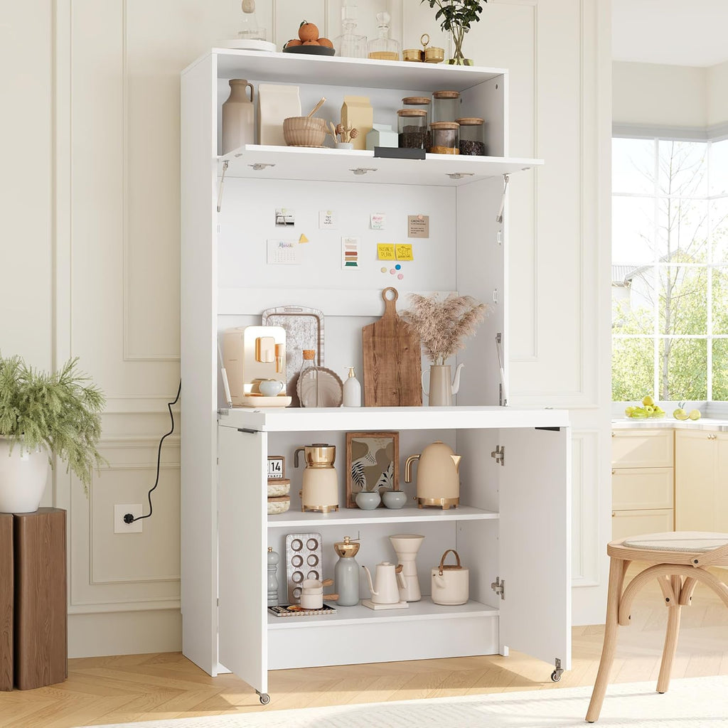Pantry Cabinet with Hutch and Foldable Workstation, Multifunctional Wood Cupboard with Adjustable Shelf and Power Outlet for Dining, Living Room (White)