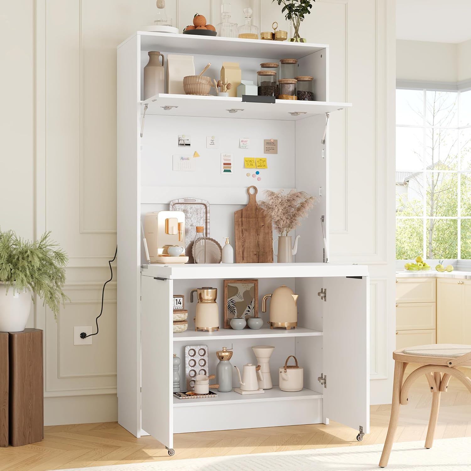 Pantry Cabinet with Hutch and Foldable Workstation, Multifunctional Wood Cupboard with Adjustable Shelf and Power Outlet for Dining, Living Room (White)