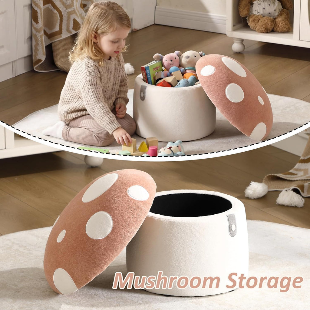 Kids Desk Chairs, Cute Mushroom Storage Ottoman, Mushroom Armchair, Children Round Storage Ottomans, Small Multi-Purpose Footstool for Playroom & Bedroom, Pink Mushroom
