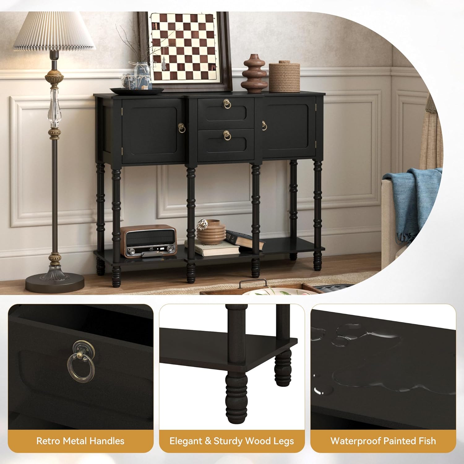 Black Entryway Table with Storge, Mid-Century Modern Console Table with 2 Drawers, Retro Narrow Long Behind Couch Sofa Table for Living Room, Foyer, Hallway